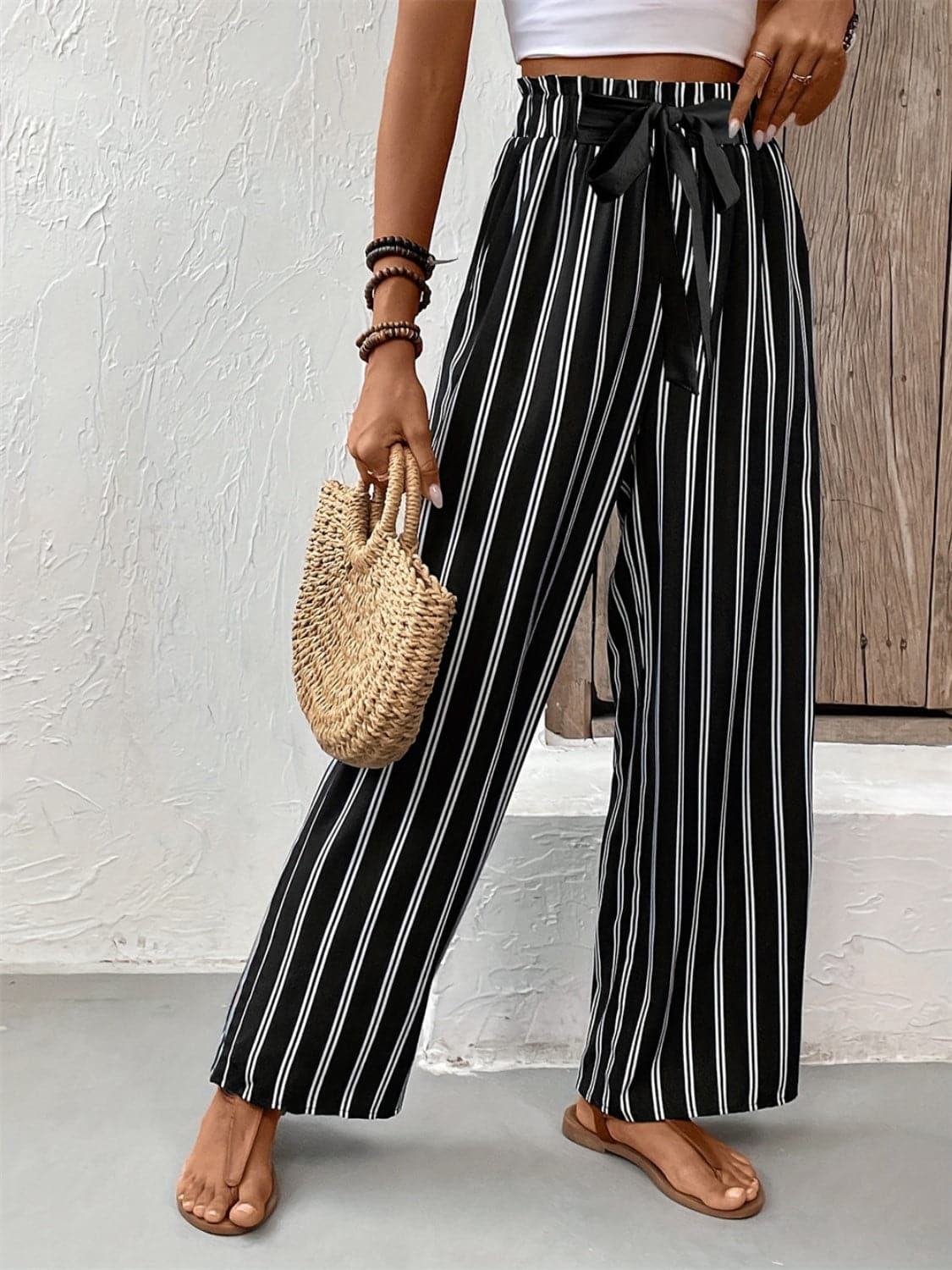 Striped High Waist Wide Leg Pants.