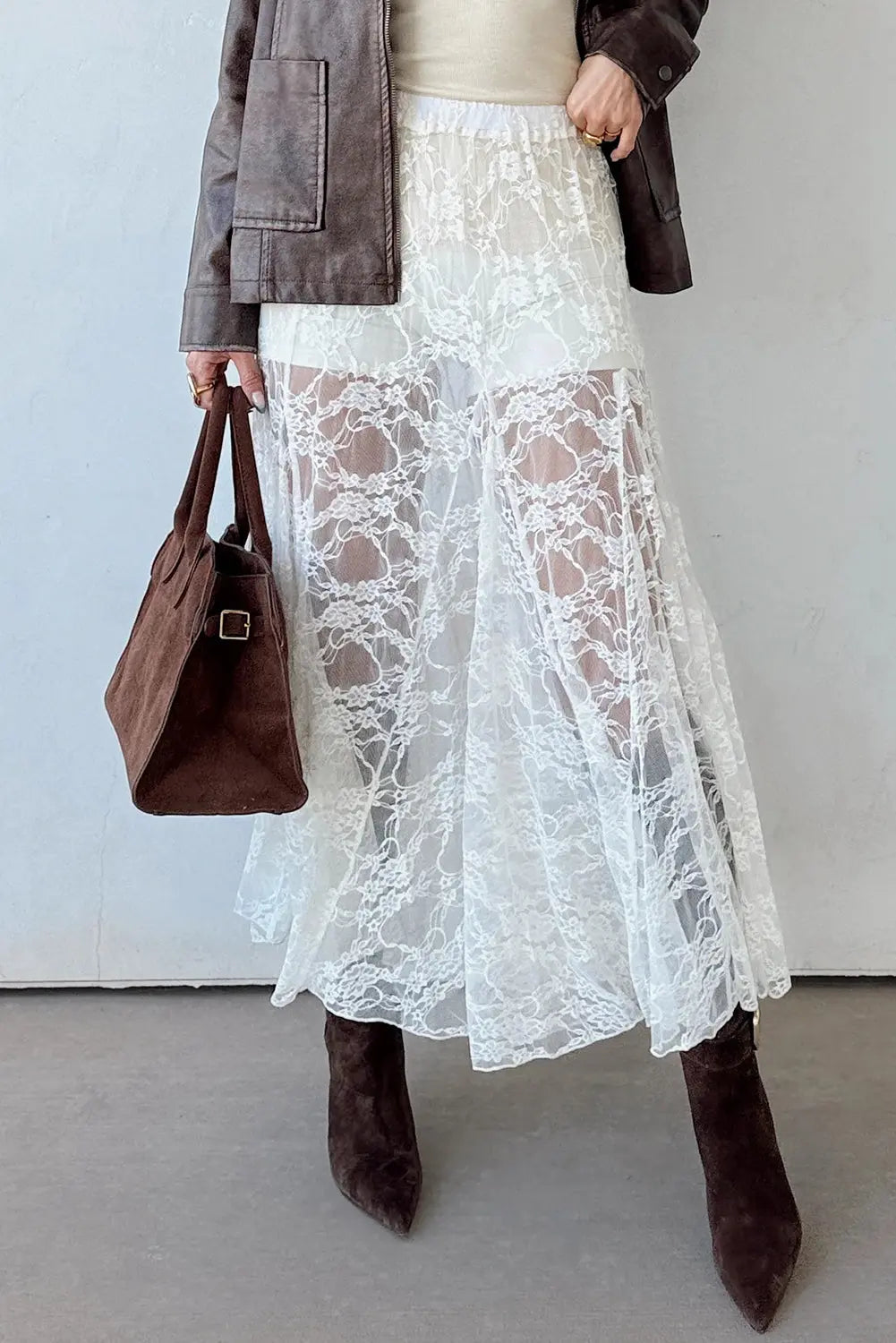 White Sheer Floral Lace Flowy Maxi Skirt For Women Dear-Lover Dropshipping