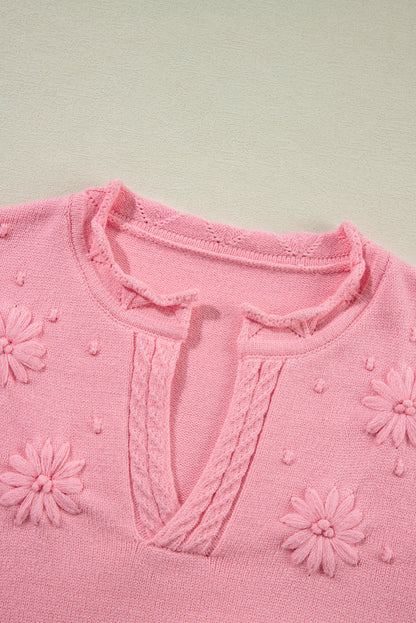 Peach blossom floral knitted sweater with notched neckline