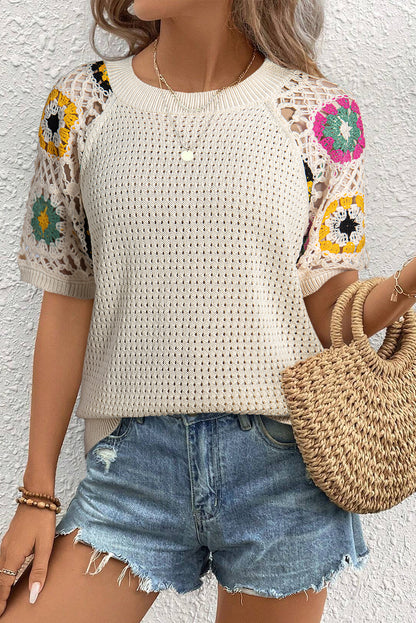 Apricot Floral Crochet Embroidered Short Sleeve Sweater with Hollow Out Design