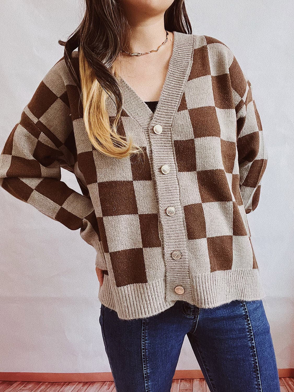 Checkered Open Front Button Up Cardigan.