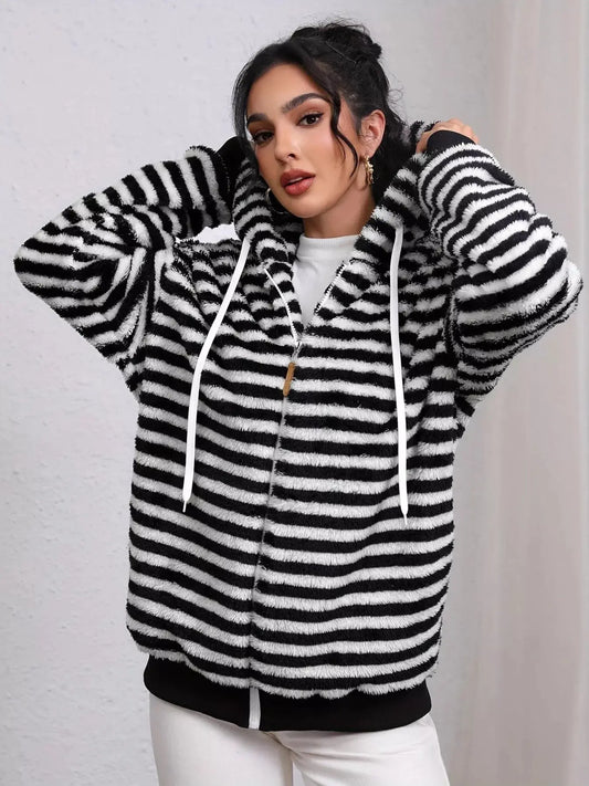 Striped Plush Zip-Up Hooded Outerwear Simply Love