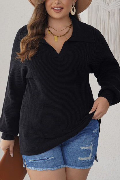 Curvy elegance: Black ribbed knit lapel sweater