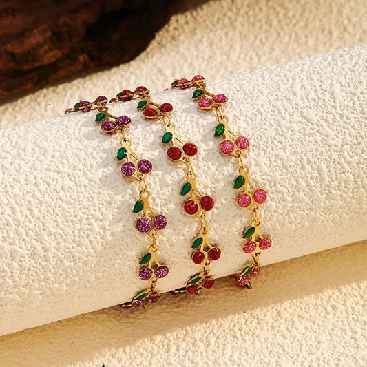 18K Gold Plated Cherry Charm Bracelet With Colorful Crystal Stones Simply Love