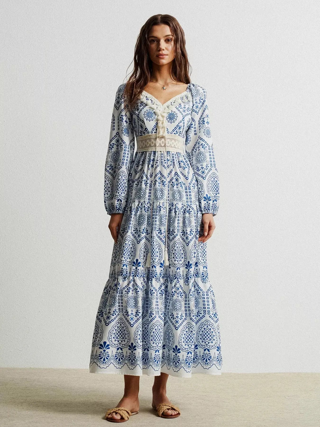 Bohemian Print Midi Dress with Tassel Detail Simply Love