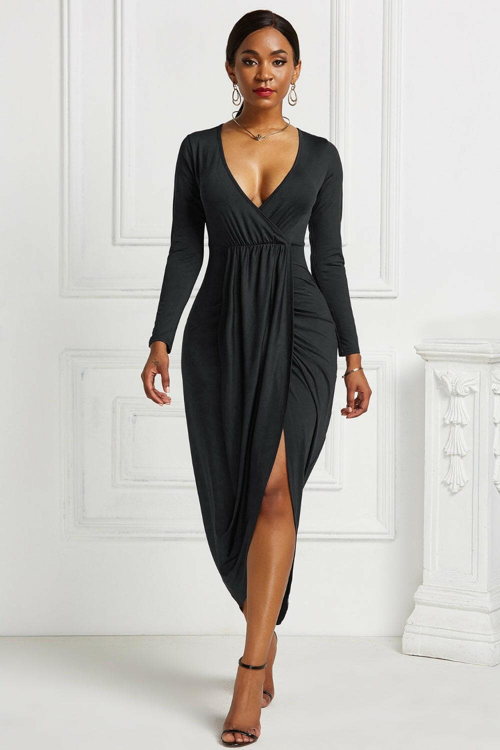 High-low Ruched Surplice Long Sleeve Dress.