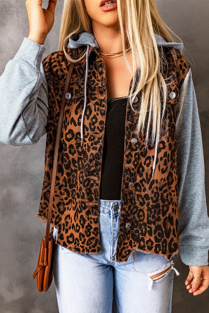 Leopard Distressed Drawstring Hooded Denim Jacket.