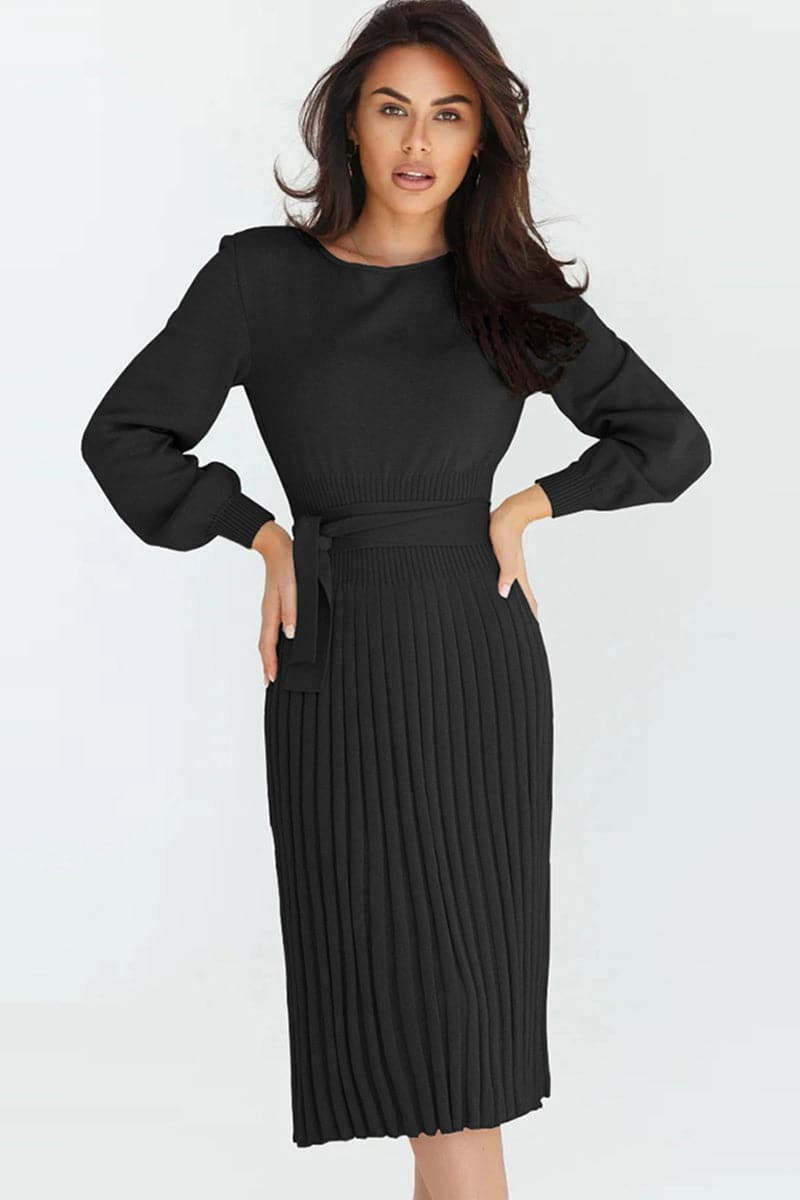 Round Neck Long Sleeve Pleated Sweater Dress.