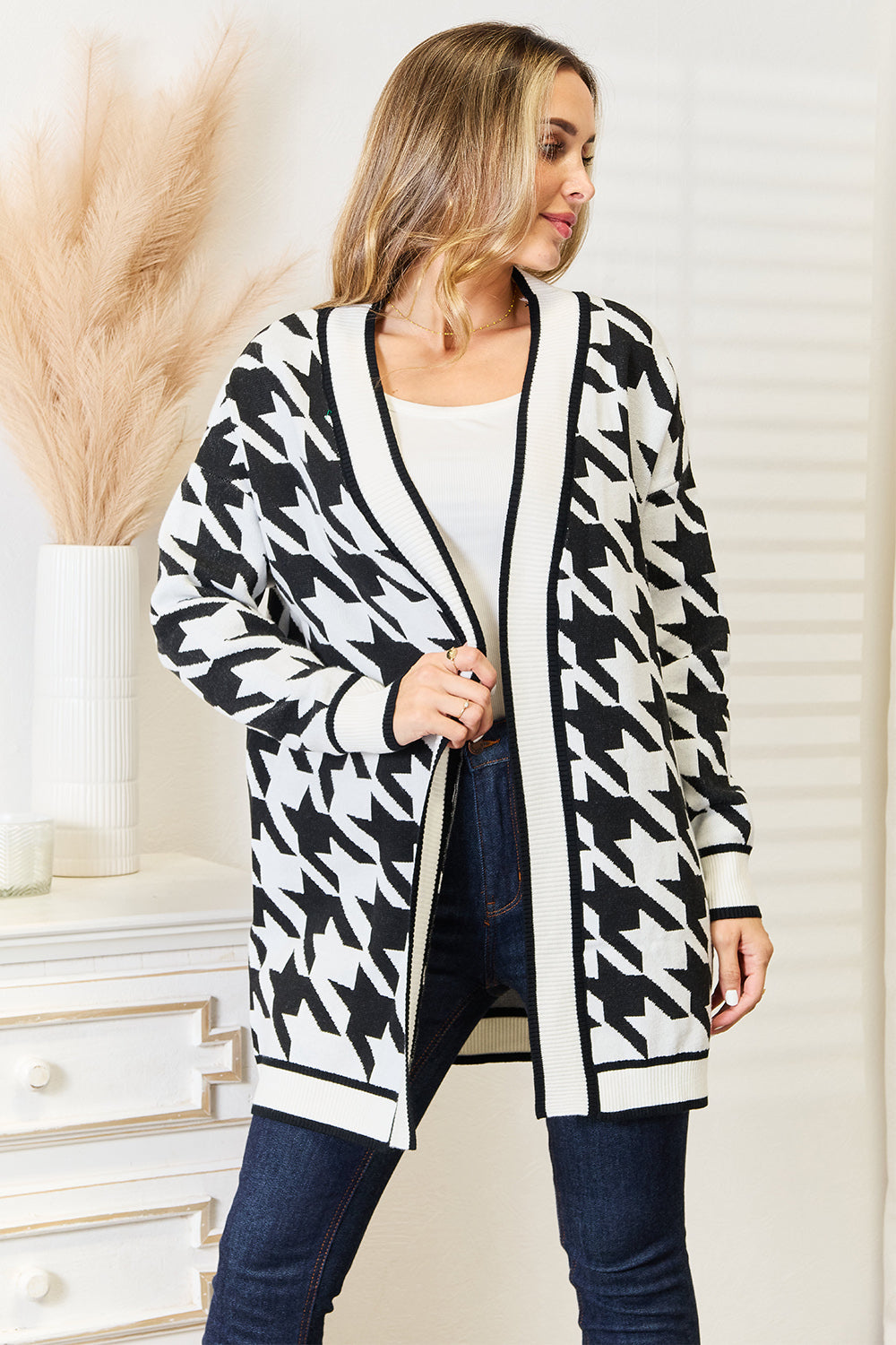 Mandy Woven Right Houndstooth Open Front Longline Cardigan Coco’s Tee Boutique