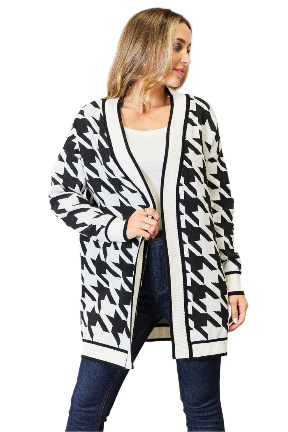 Houndstooth long cardigan with open front style and classic design.