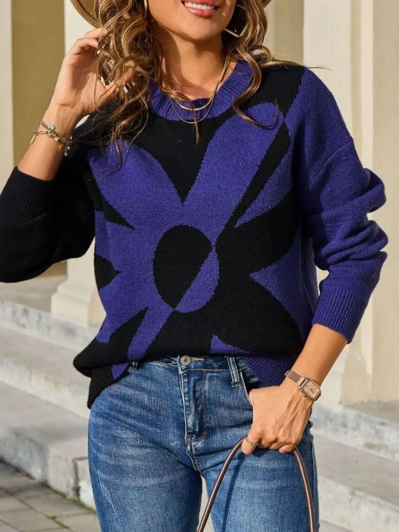 Floral Pattern Color Block Sweater Simply Love