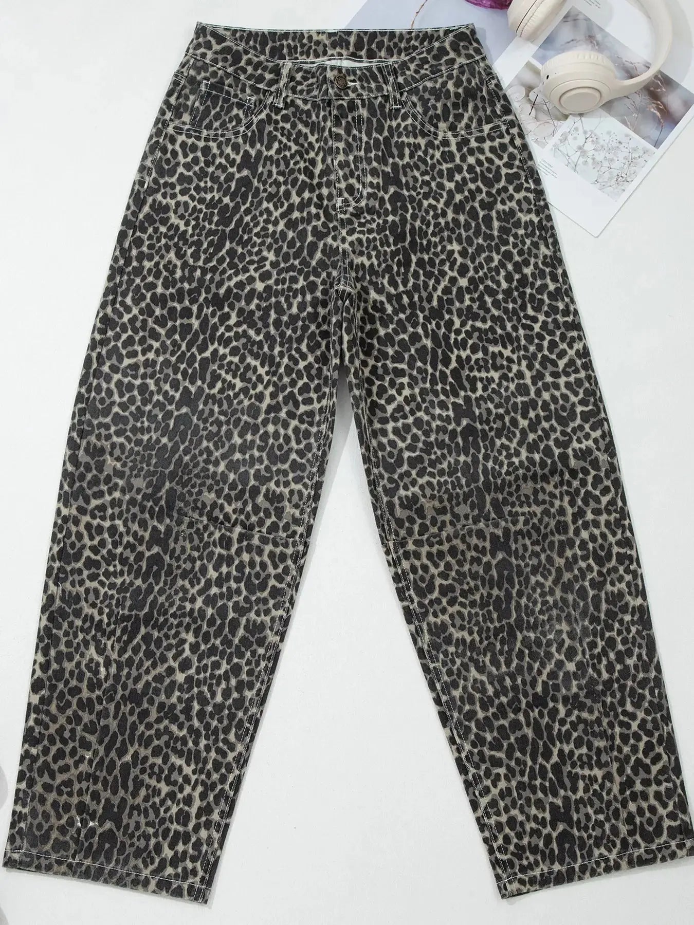 Leopard Print High Waist Barrel Jeans Simply Love
