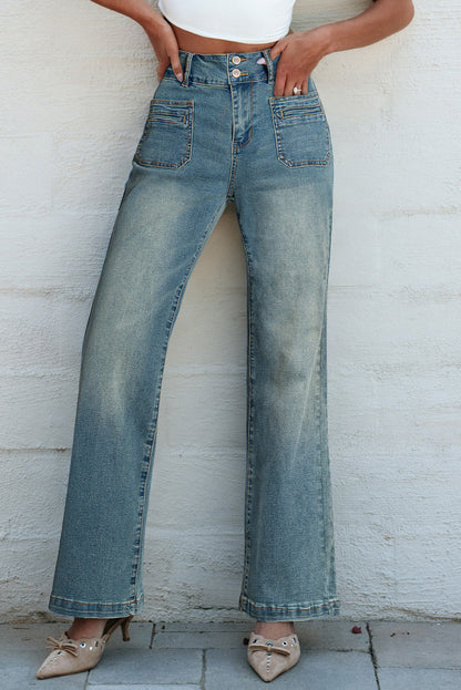 Amyra Double Button Patch Pocket Flare Leg Jeans - Love Salve 
