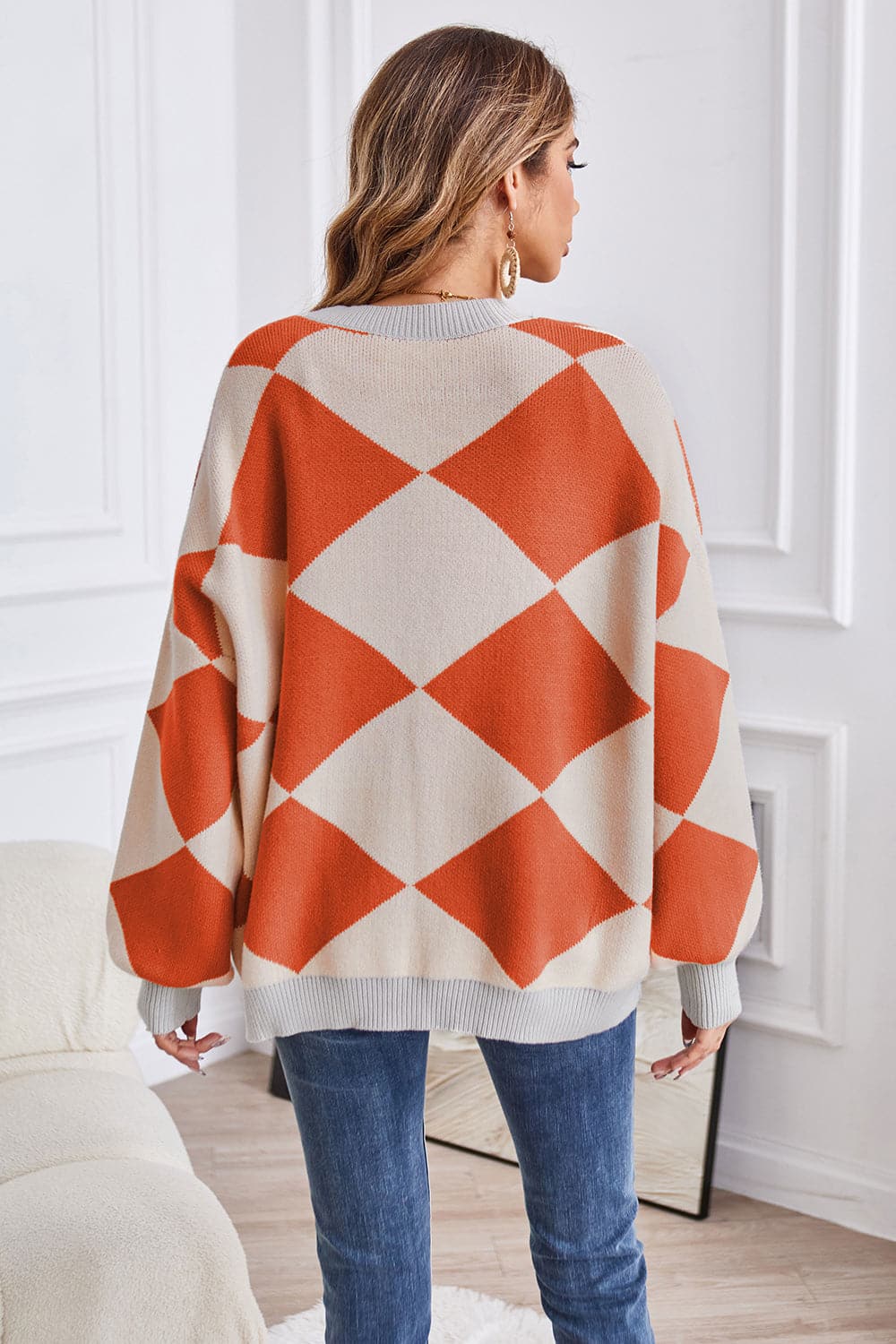 Geometric Lantern Sleeve Cardigan with Pockets.