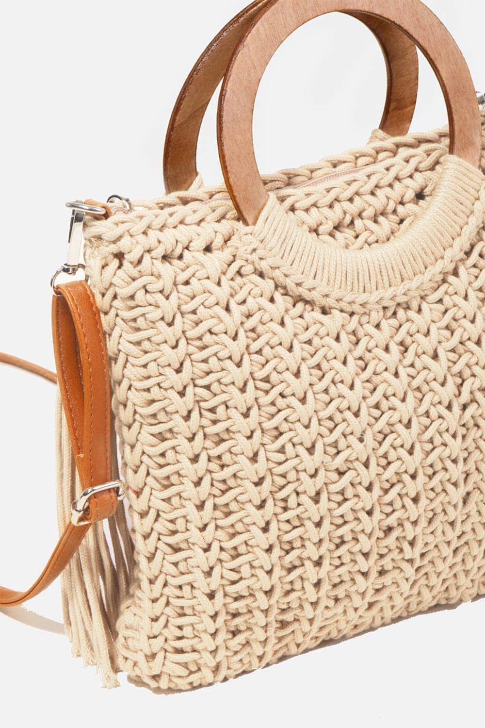 Fame Crochet Knit Convertible Tote Bag with Tassel.