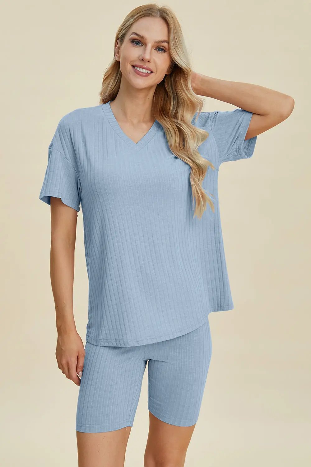 Basic Bae Full Size Ribbed V-Neck Short Sleeve Top and Shorts Set - Love Salve