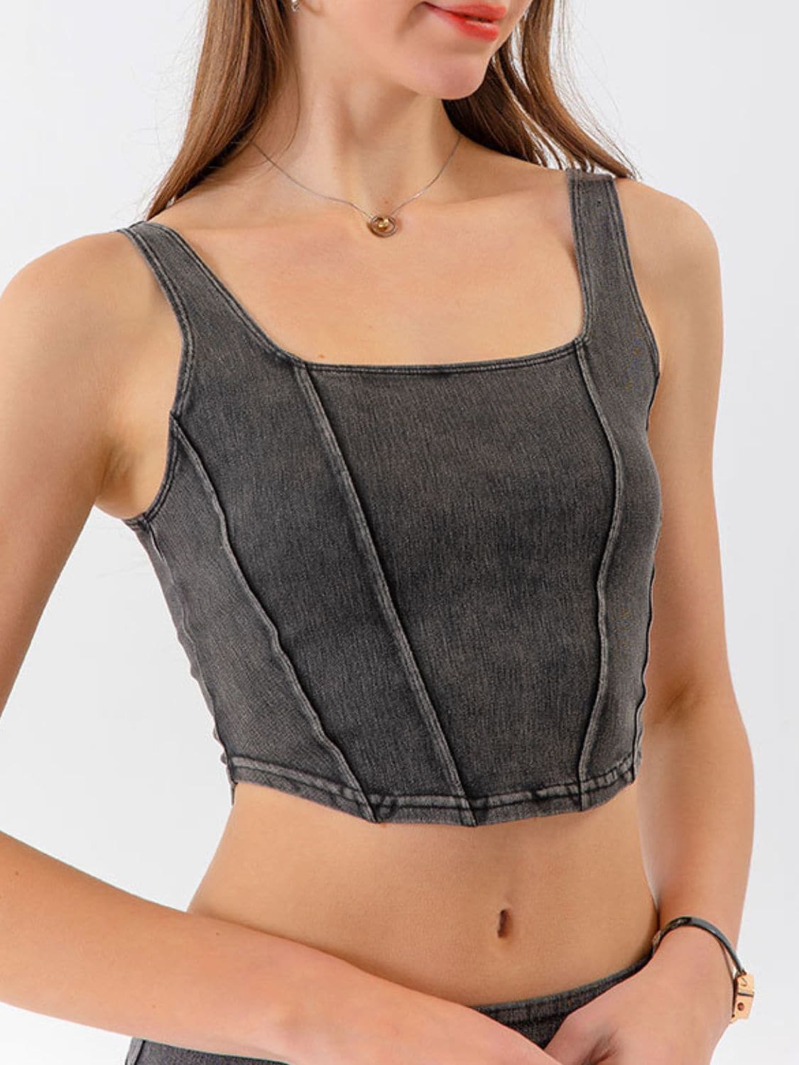 Seam Detail Cropped Denim Tank.