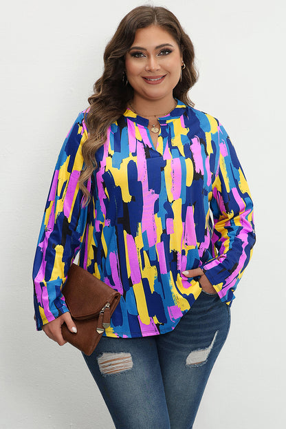 Chic blue plus size brushstroke print blouse with 3/4 sleeves