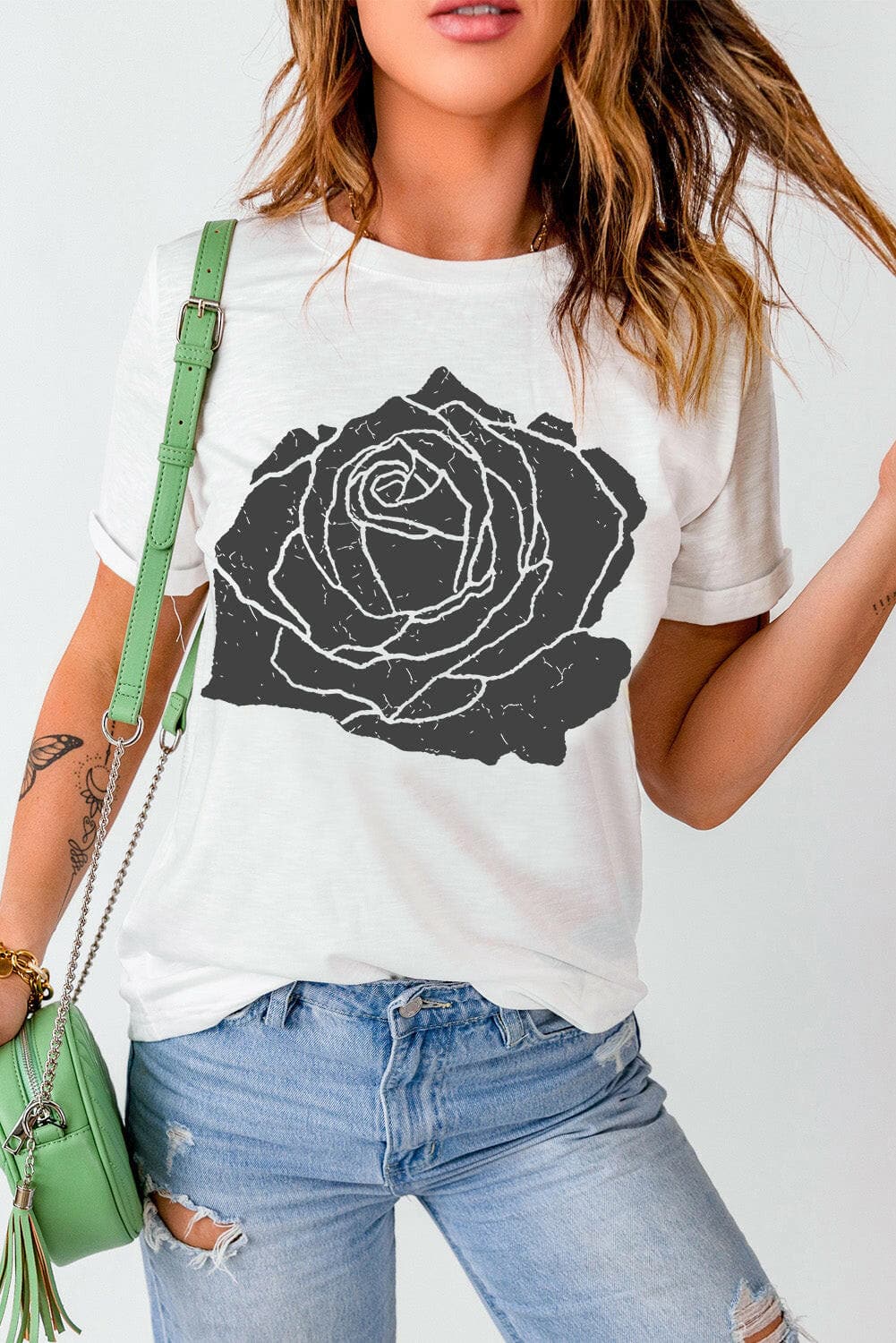 Rose Graphic Round Neck Short Sleeve T-Shirt.