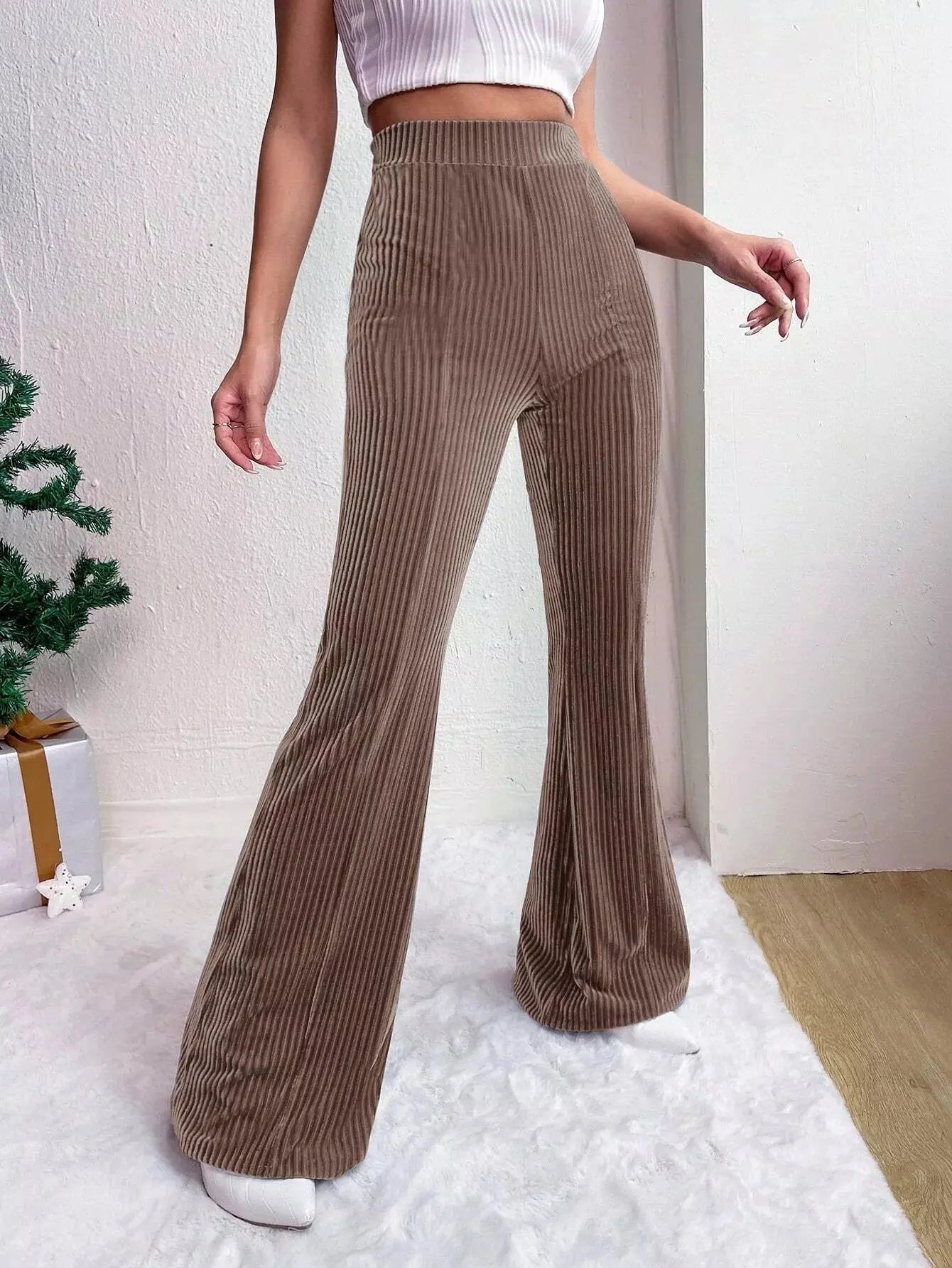Womens Stretch Corduroy High Waist Wide Leg Flare Pants Simply Love