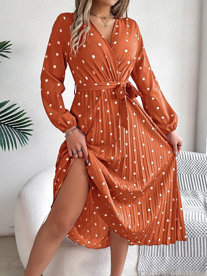 Tied Polka Dot Long Sleeve Midi Dress.