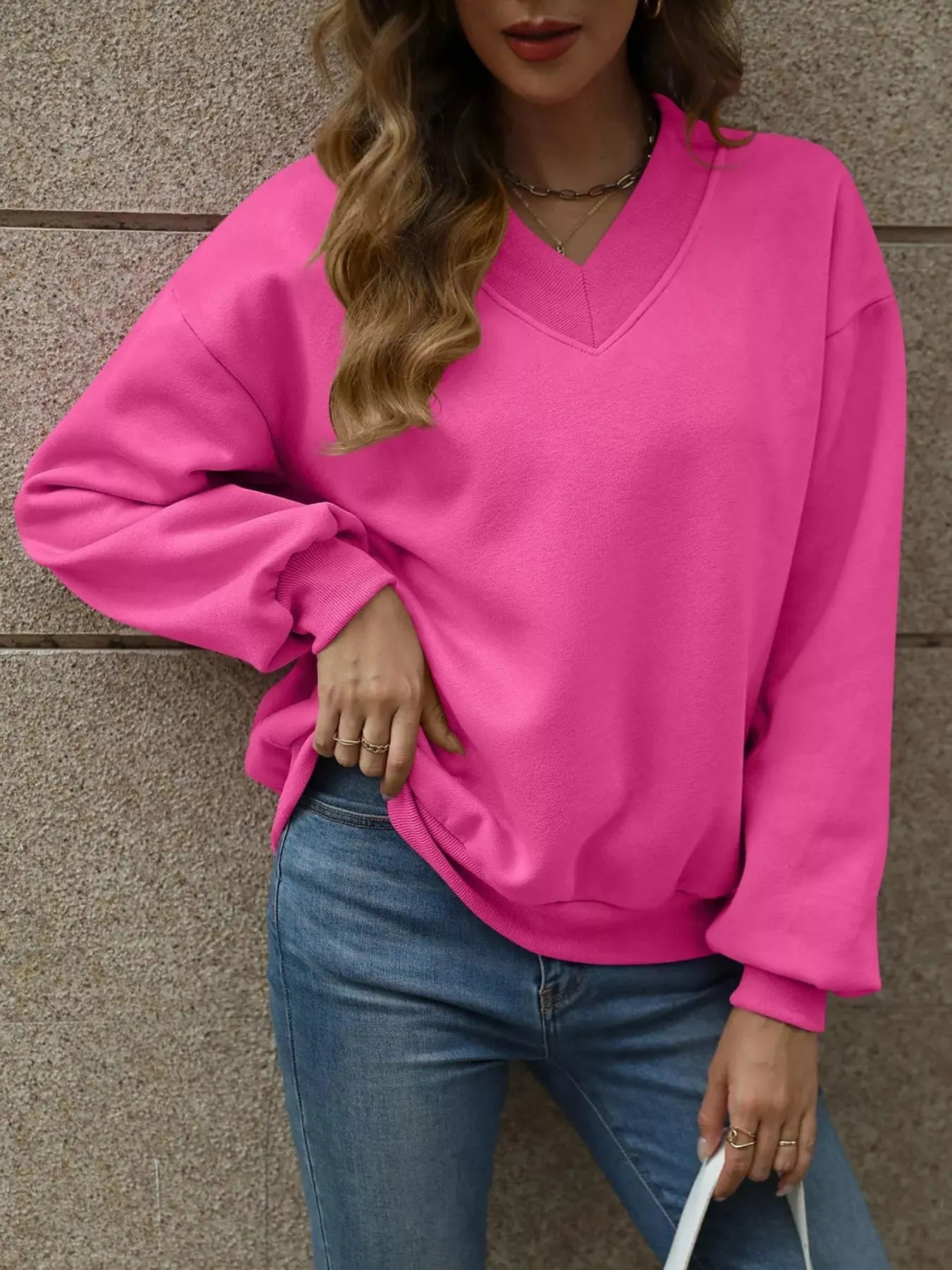 V-Neck Solid Color Casual Sweatshirt Simply Love