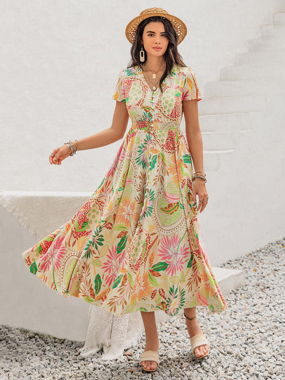 Printed V-Neck Short Sleeve Midi Dress.