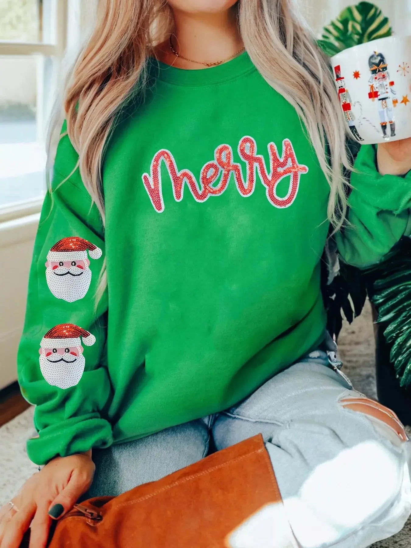 Sequin Merry Christmas Graphic Sweatshirt With Father Christmas Patch Sleeves Simply Love