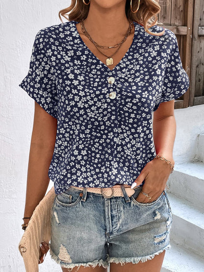 Printed V-Neck Short Sleeve Blouse.