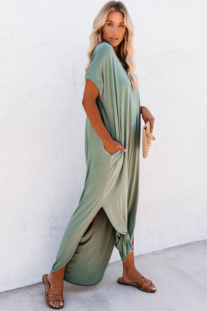 Elegant grass green maxi t-shirt dress with hidden pockets and stylish splits