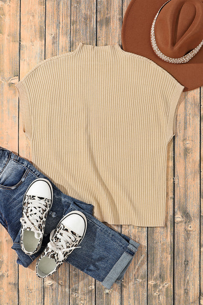 Chic oatmeal ribbed knit sweater with patch pocket