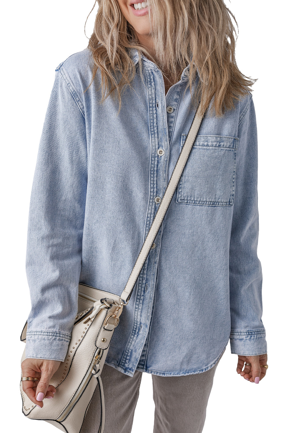 Beau Blue Long Sleeve Buttoned Chest Pocket Denim Shacket