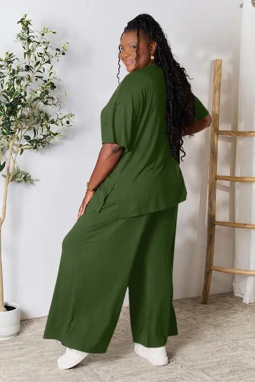 Double Take Full Size Round Neck Slit Top and Pants Set - Love Salve