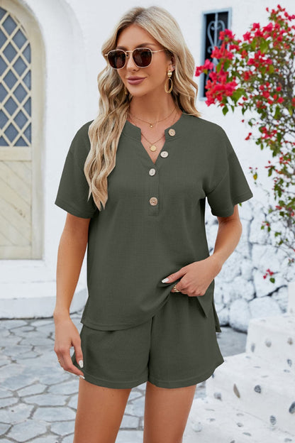 Notched Button Detail Dropped Shoulder Top and Shorts Set.