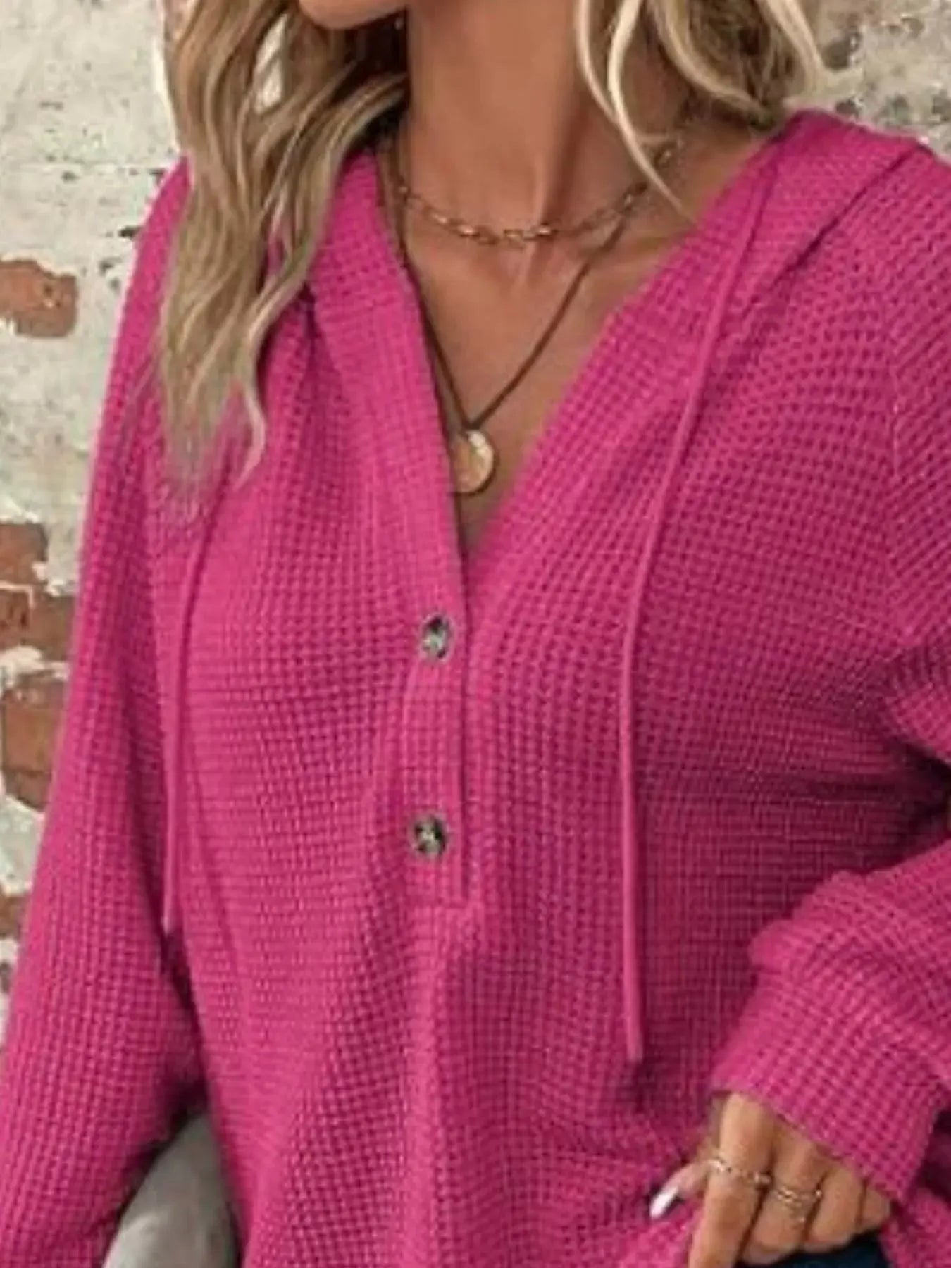 Waffle Knit Button Detail Hoodie Simply Love