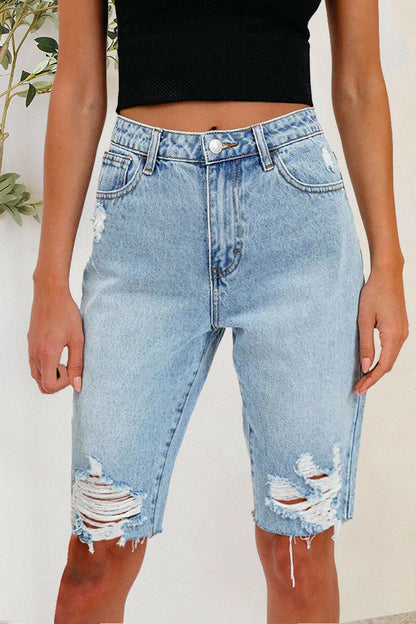 Distressed Pocketed Denim Shorts.