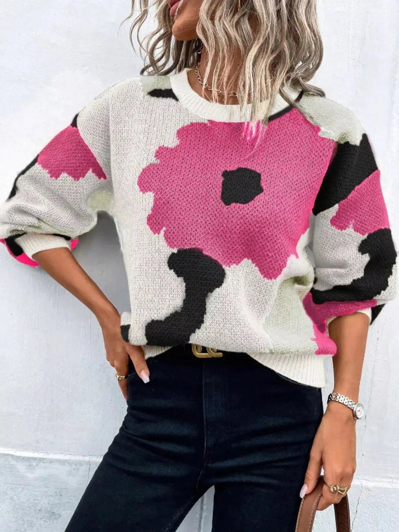 Floral Pattern Round Neck Sweater Simply Love