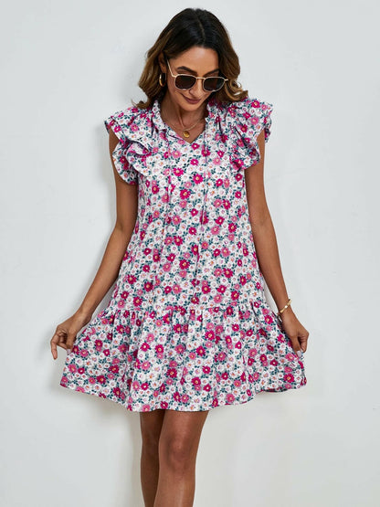 Tied Floral Cap Sleeve Mini Dress.