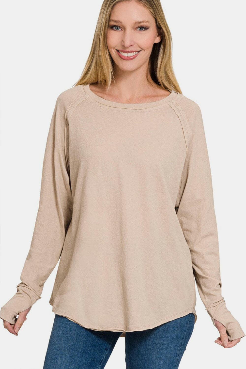 Zenana Round Neck Thumbhole Long Sleeve Top.