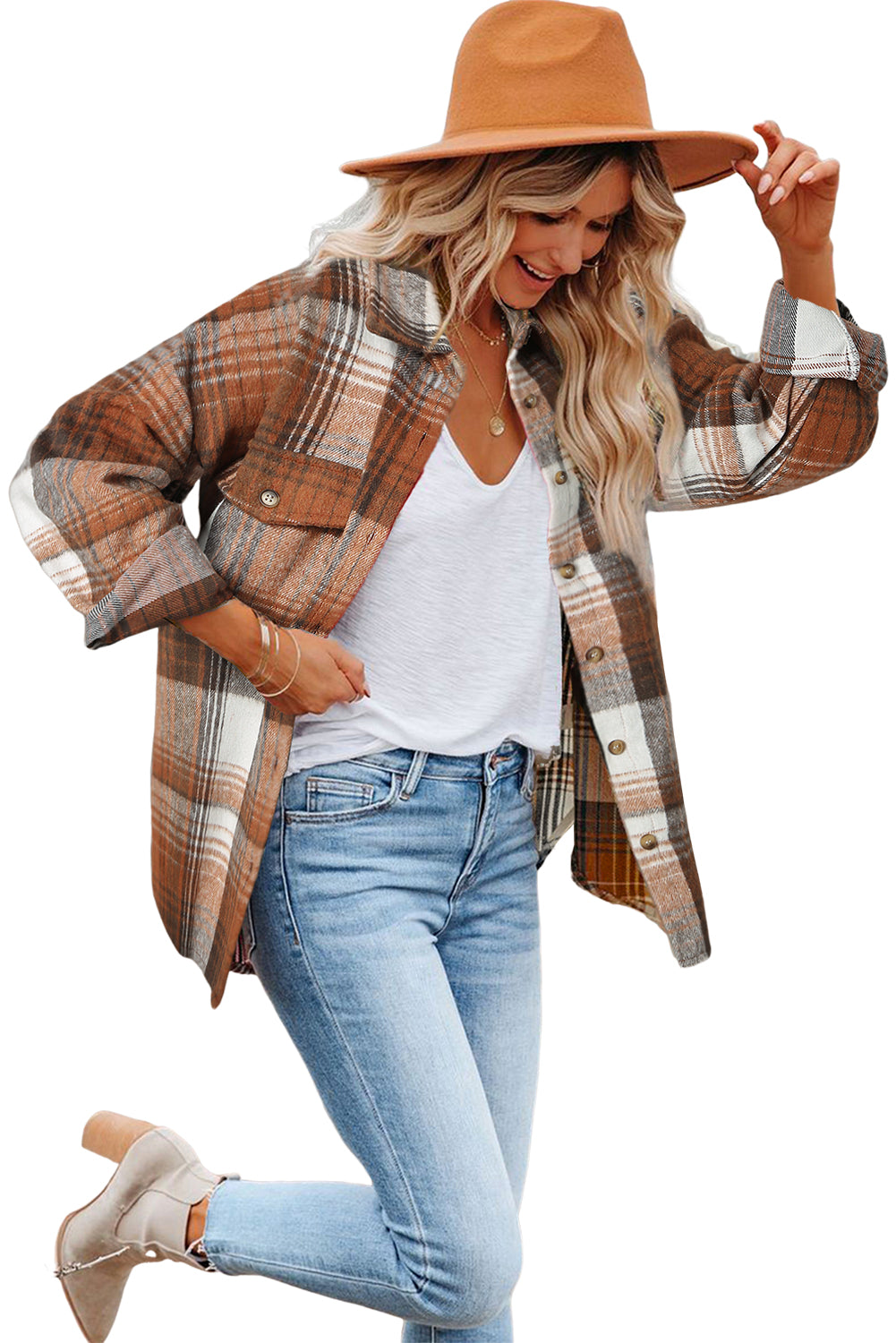 Chic brown plaid shacket with flap pockets