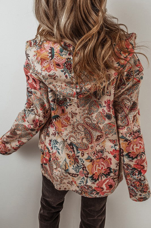 Women Floral Printed Sherpa Lined Hooded Jacket