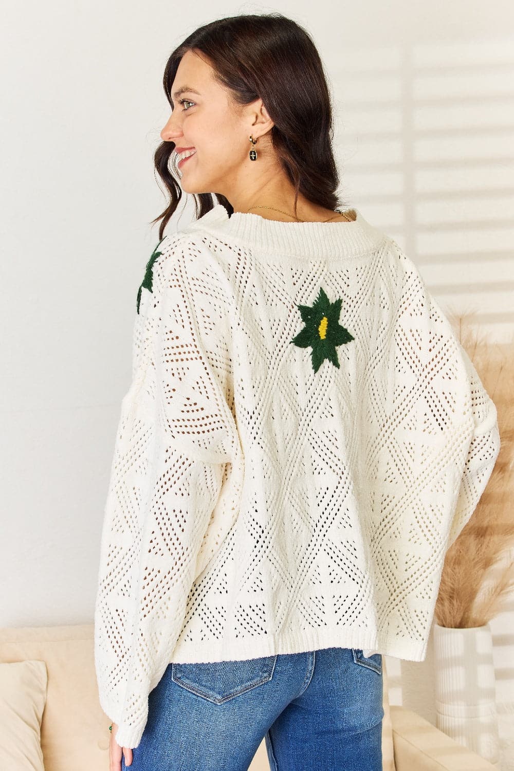 POL Floral Embroidered Pattern V-Neck Sweater.