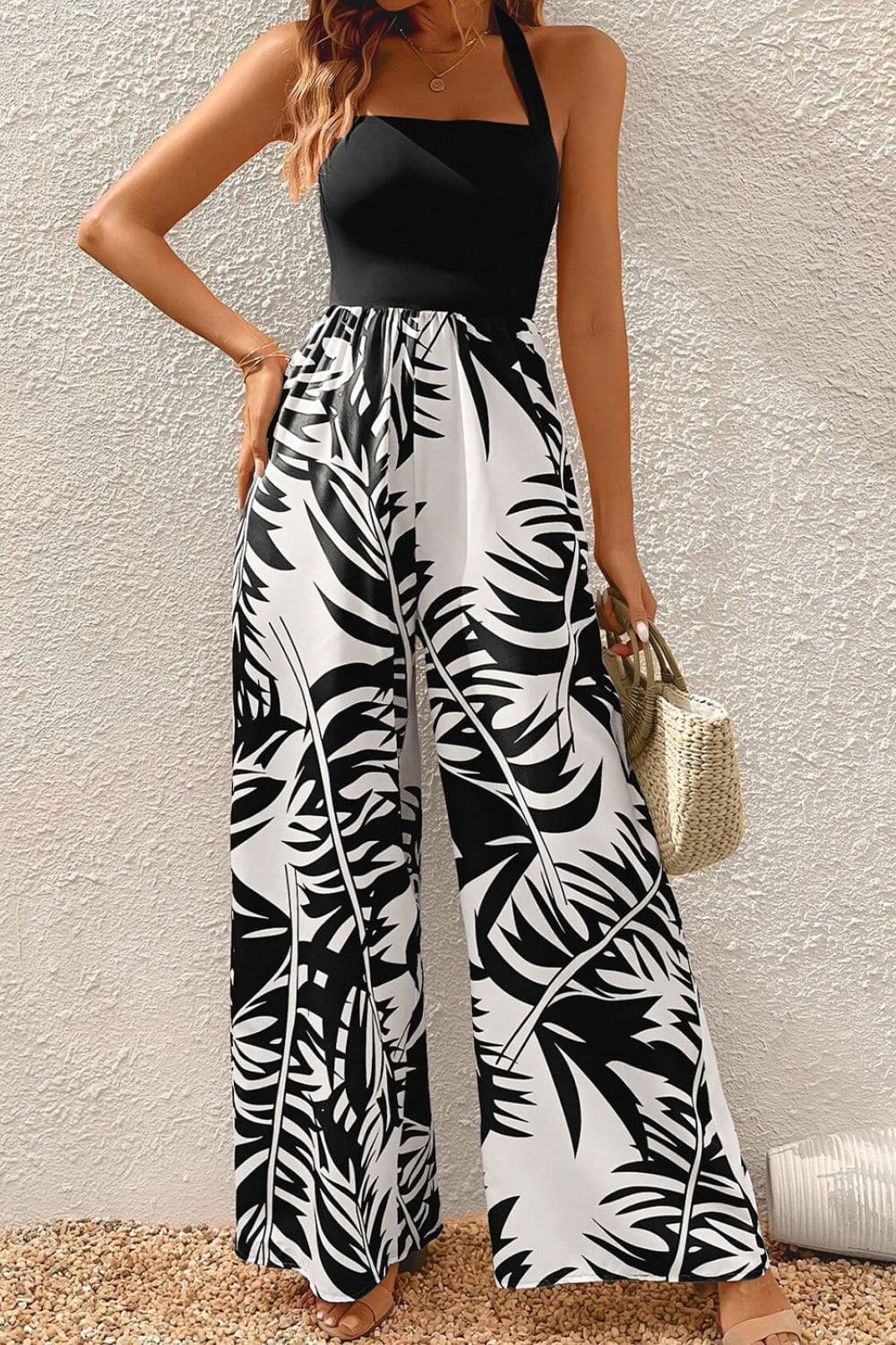 Printed Halter Wide Leg Jumpsuit.