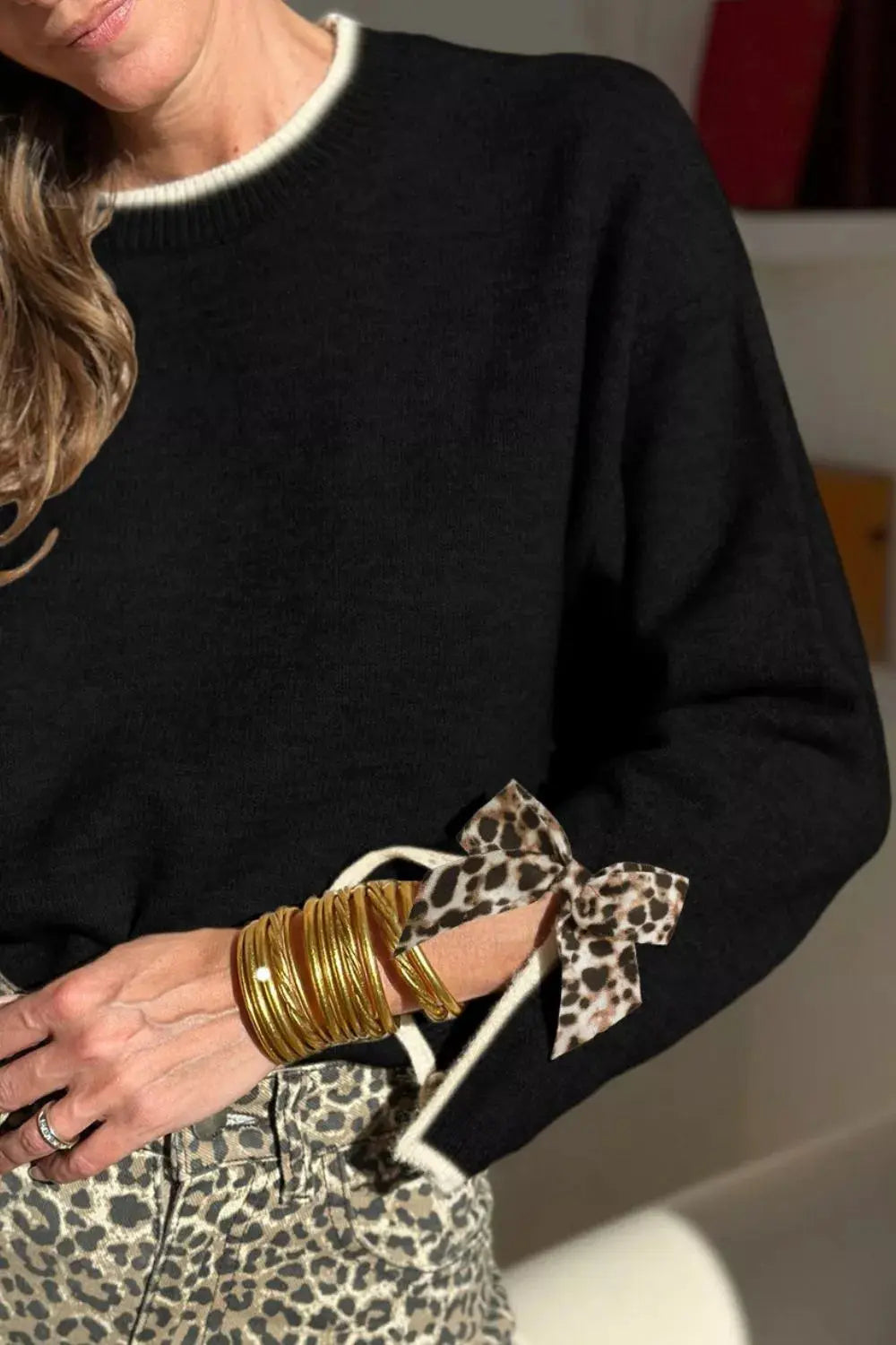 Leopard Bow Decor Split Cuff Contrast Trim Sweater Simply Love