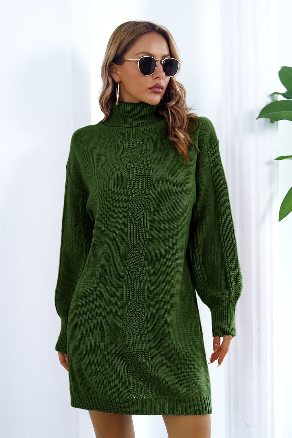 Openwork Turtleneck Long Sleeve Sweater Dress.