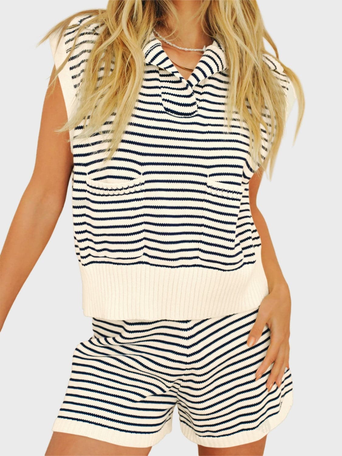 Striped Cap Sleeve Top and Shorts Sweater Set.