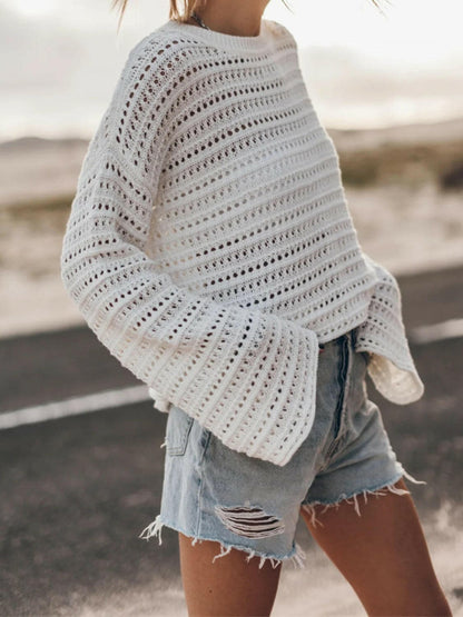 Openwork Round Neck Dropped Shoulder Knit Top.