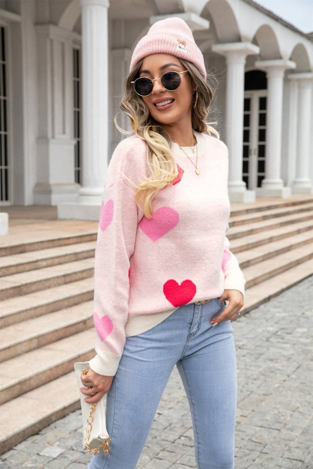 Heart Round Neck Droppped Shoulder Sweater.