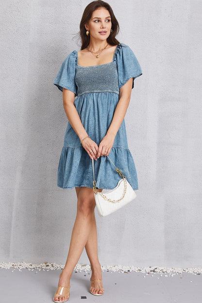 Smocked Square Neck Mini Denim Dress.