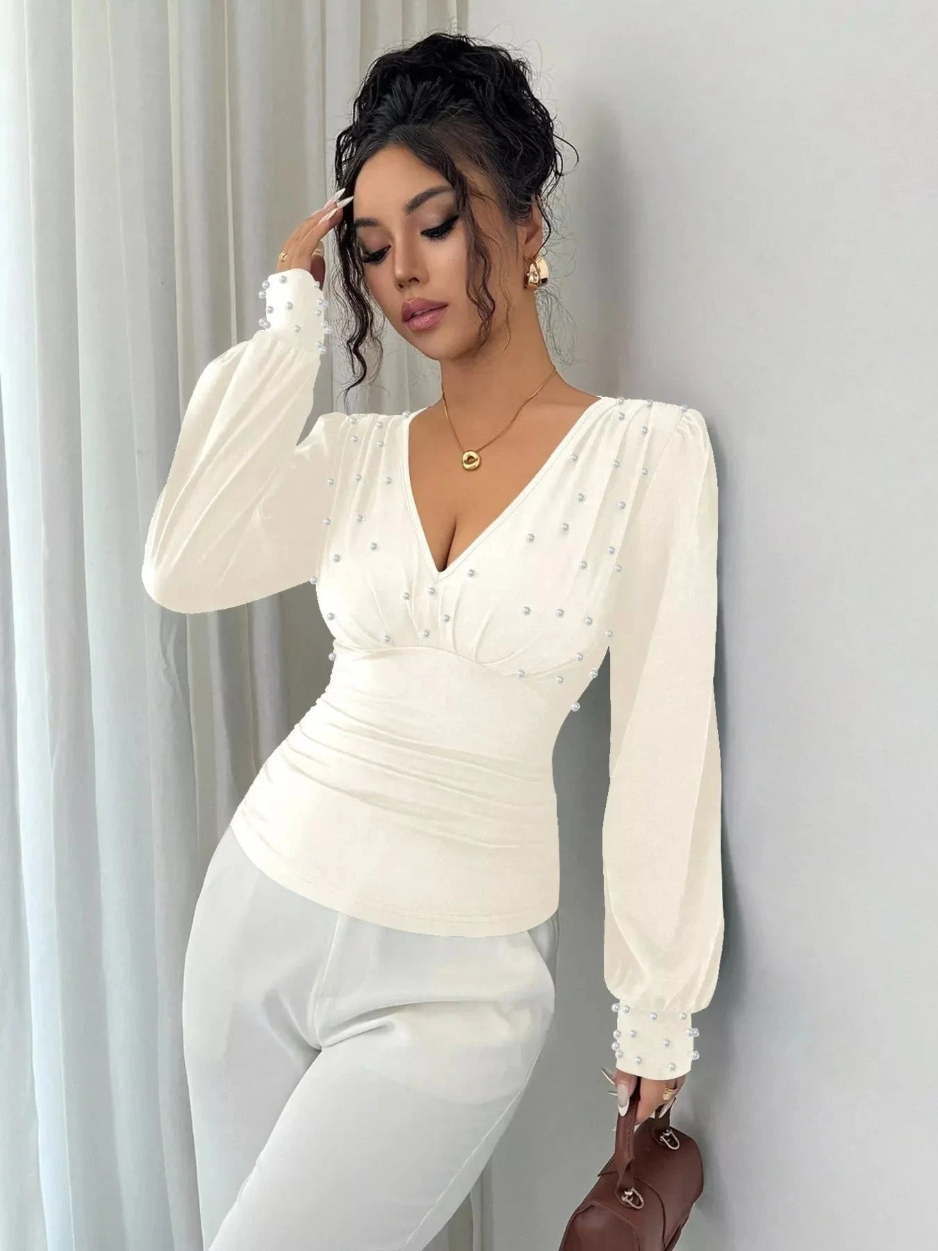 Burgundy Pearl Embellished Ruched V Neck Blouse With Long Sleeves Simply Love